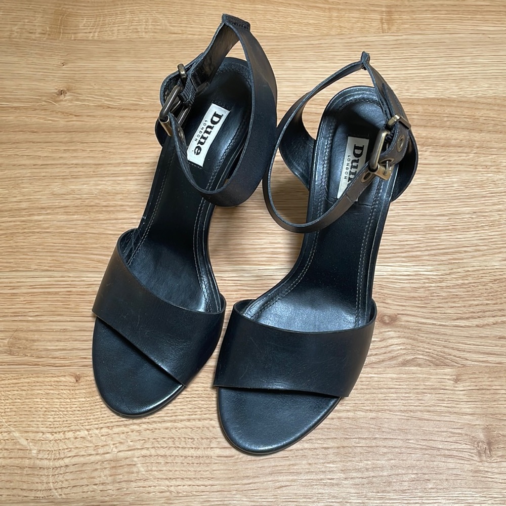 Dune London Black Leather Ankle Strap Heels